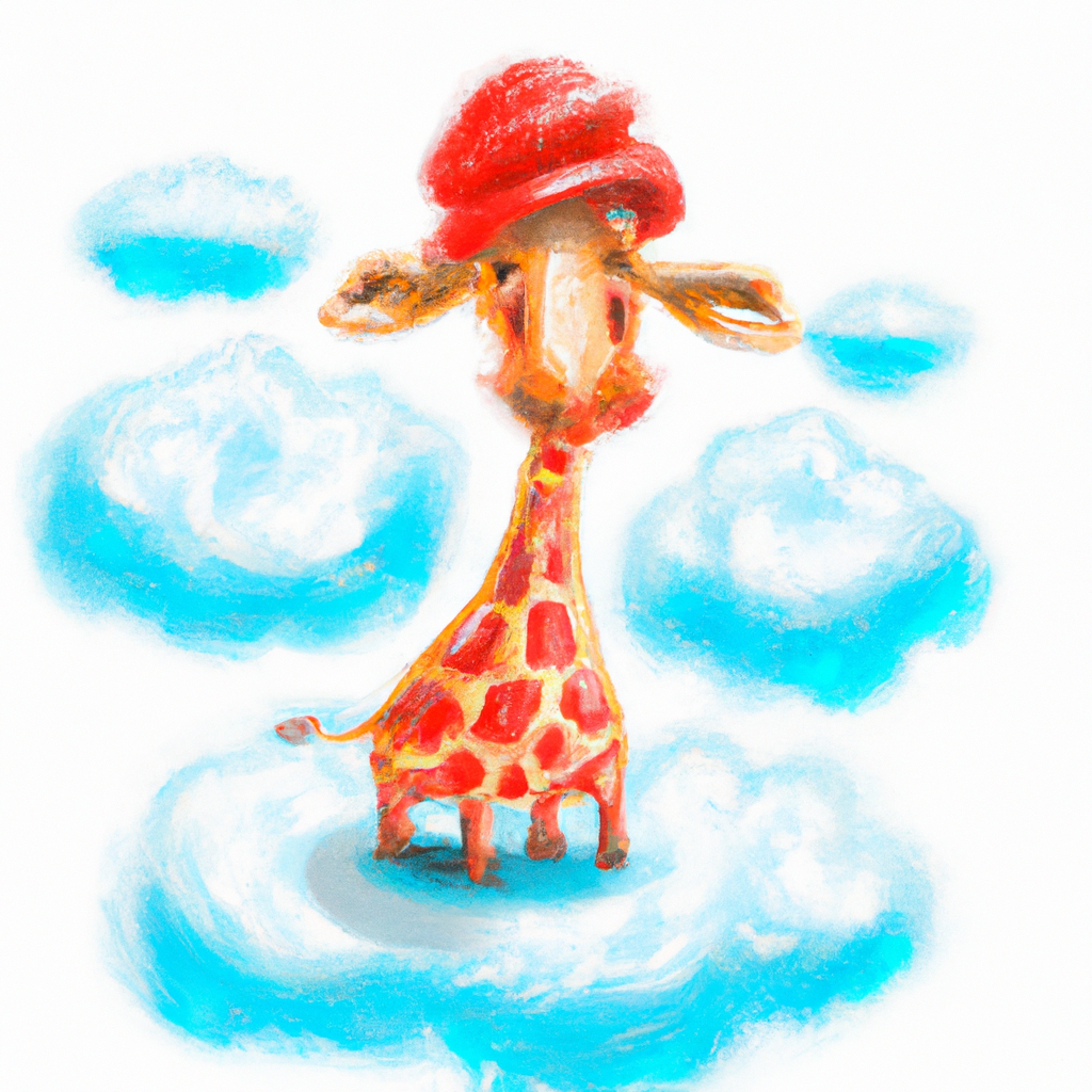 Жираф в красной шляпе, стоящий на облаках