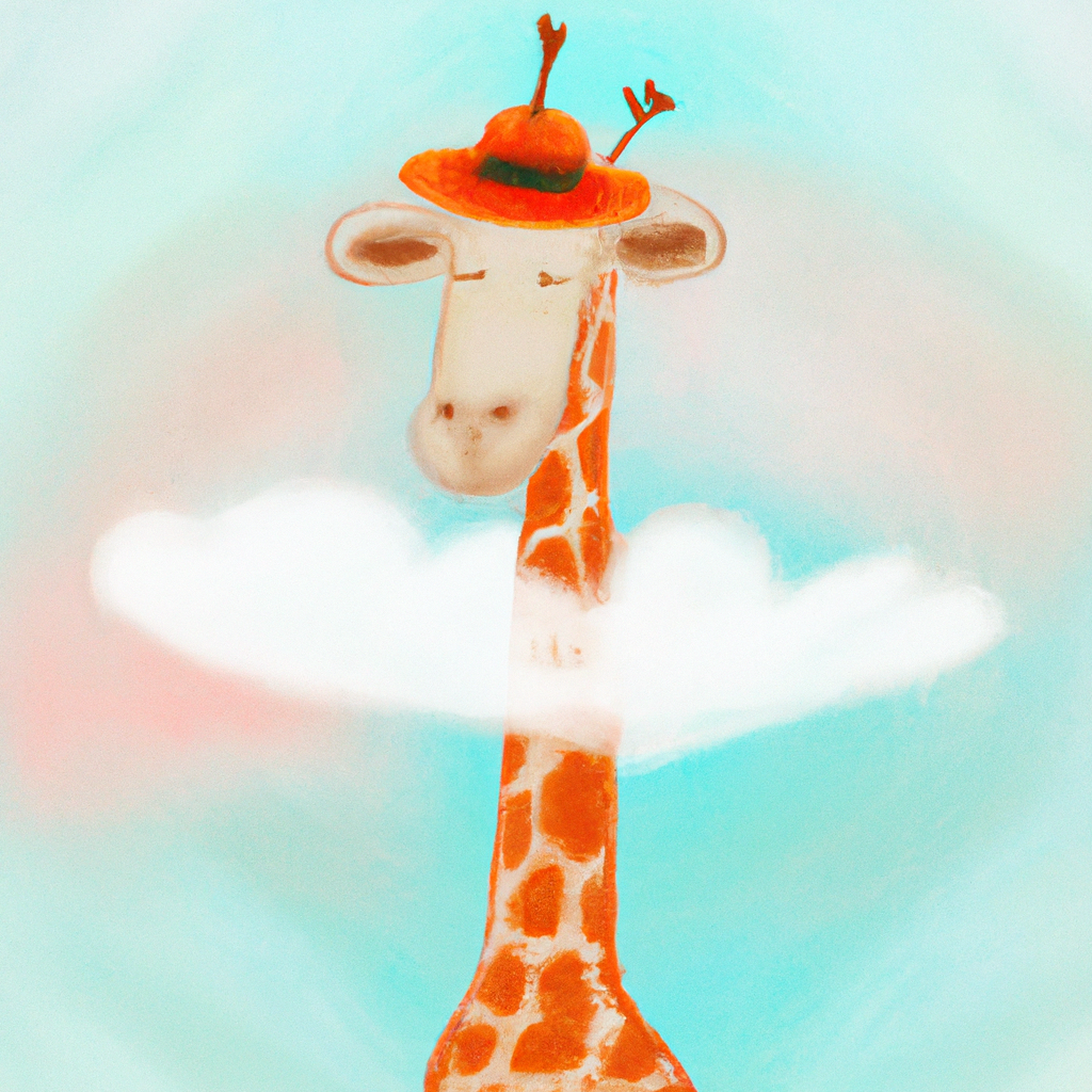 Жираф в красной шляпе, стоящий на облаках