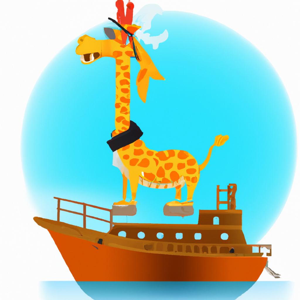 Жираф, одетый в костюм пирата, стоит на краю корабля, плавающего в океане