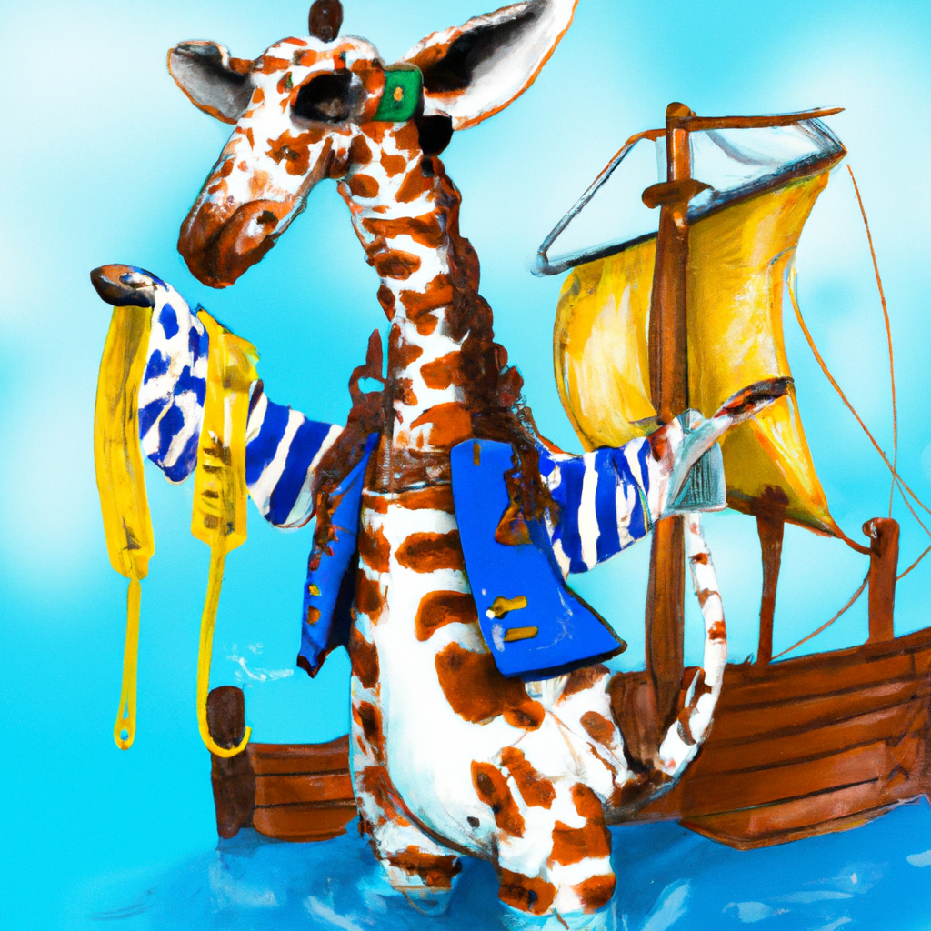 Жираф, одетый в костюм пирата, стоит на краю корабля, плавающего в океане
