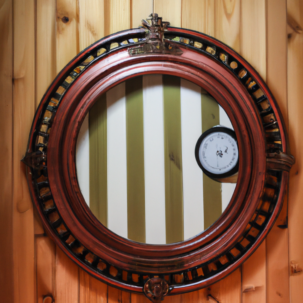 картина с отражением в круглом зеркале, находящемся на деревянной стене