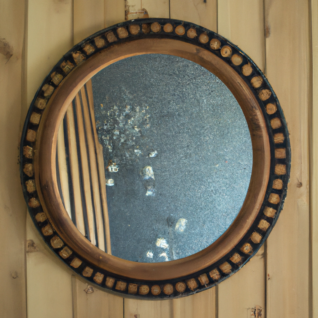 картина с отражением в круглом зеркале, находящемся на деревянной стене