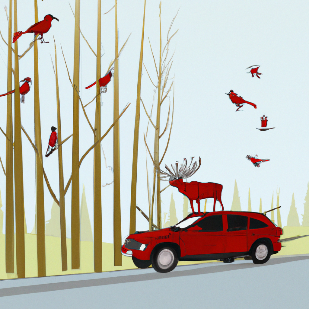 Красный автомобиль, находящийся на лесной тропе, окруженный оленьими рогами и летящими птицами