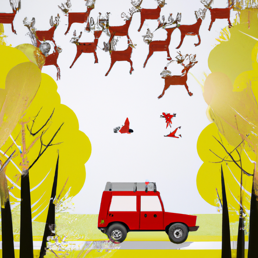 Красный автомобиль, находящийся на лесной тропе, окруженный оленьими рогами и летящими птицами