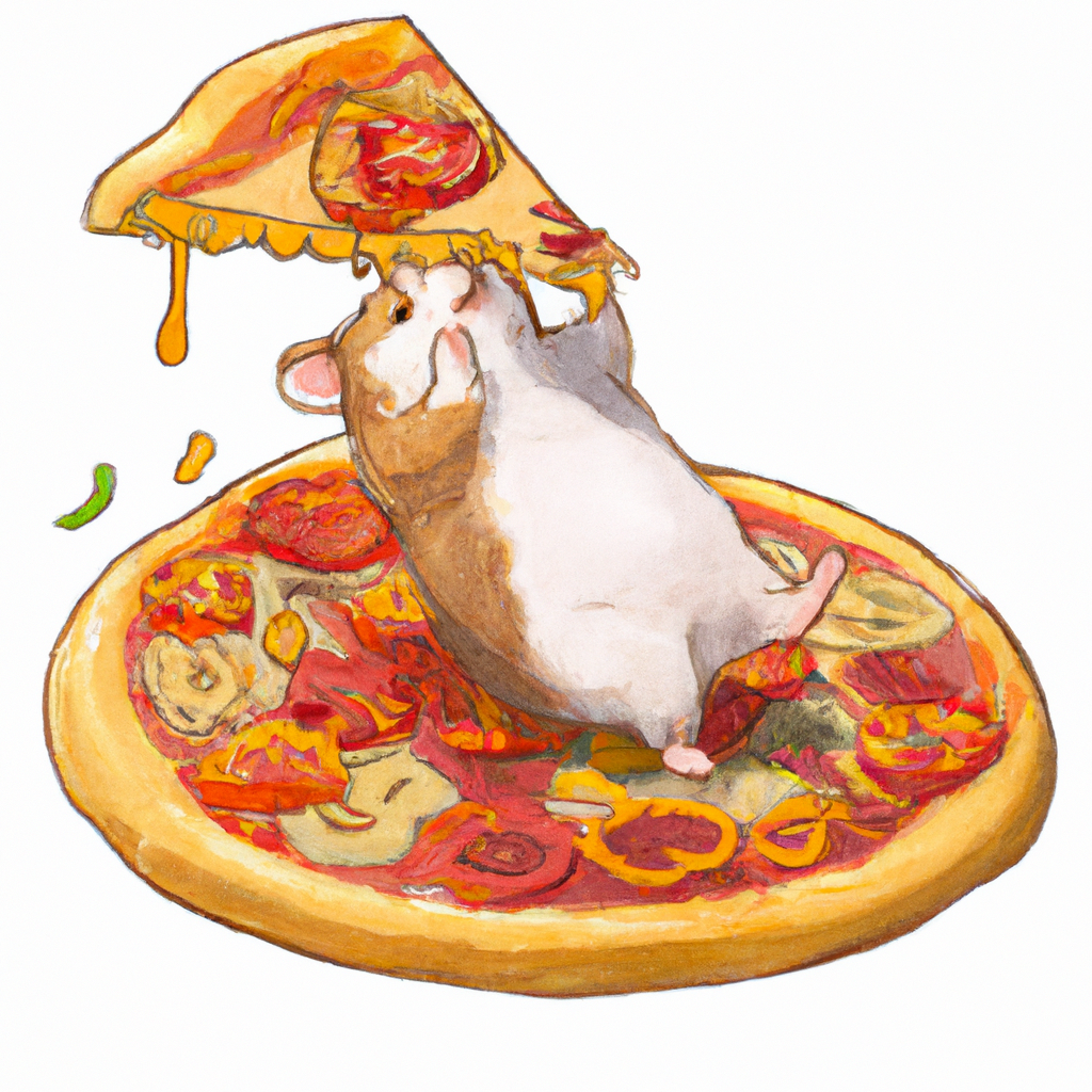 Хомяк, катящийся на куске пиццы