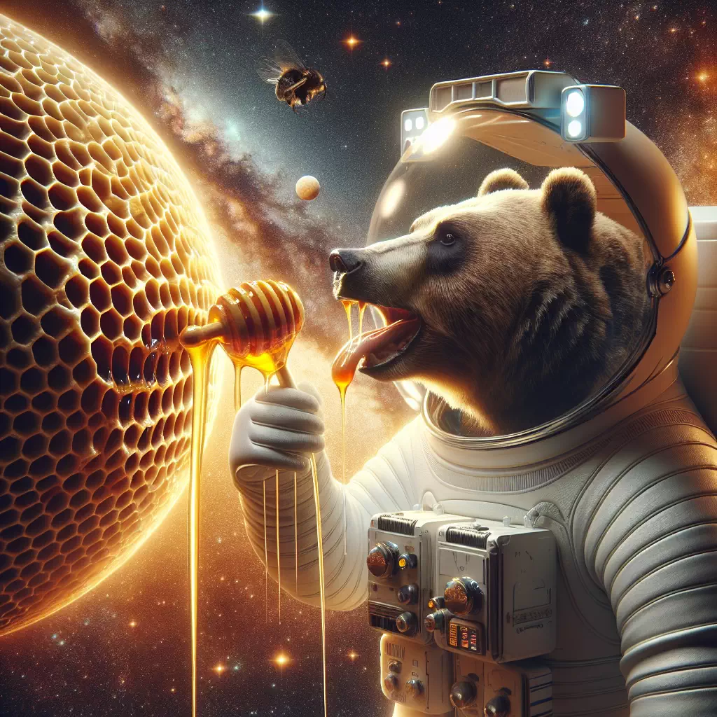 Астронавт-медведь, пробующий мёд на планете, похожей на улей.