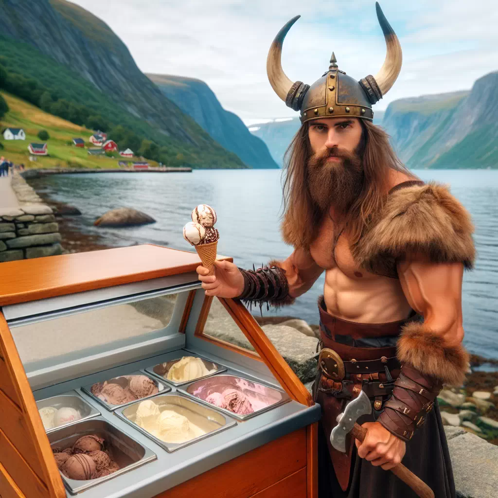 Викинг-мороженщик, продаваемый мороженое в шлеме с рогами на берегу фьорда.