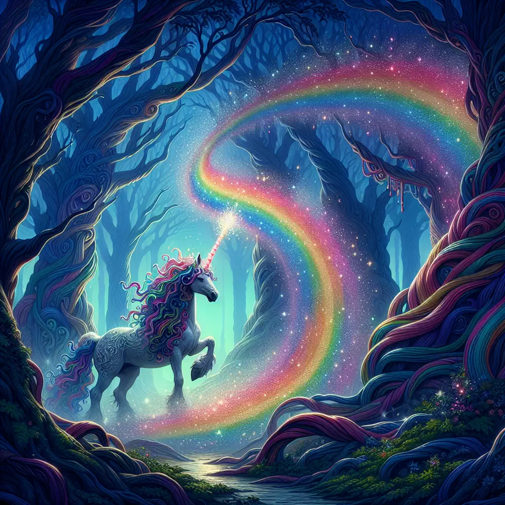 Волшебник-единорог, творящий магию радуги в сказочном лесу.
