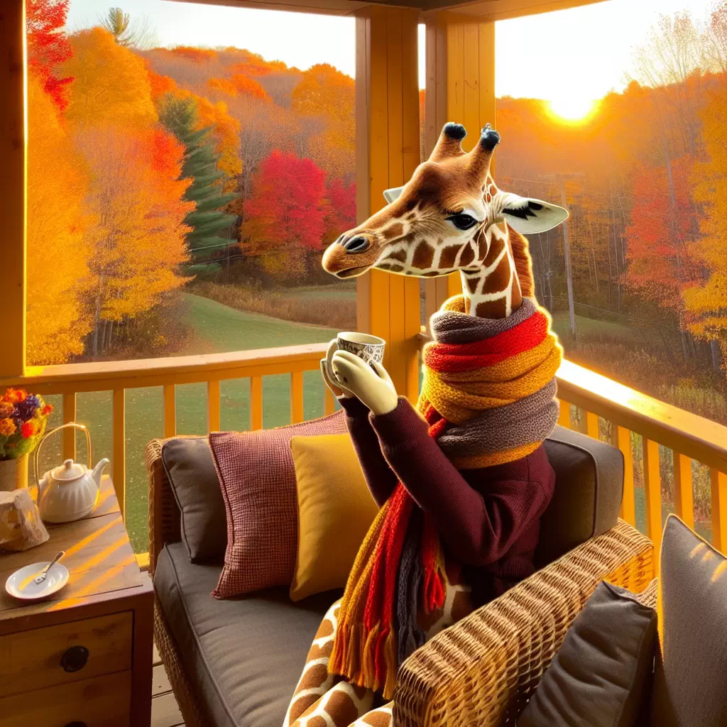 Жираф с шарфом, пьющий чай на уютной осенней веранде.