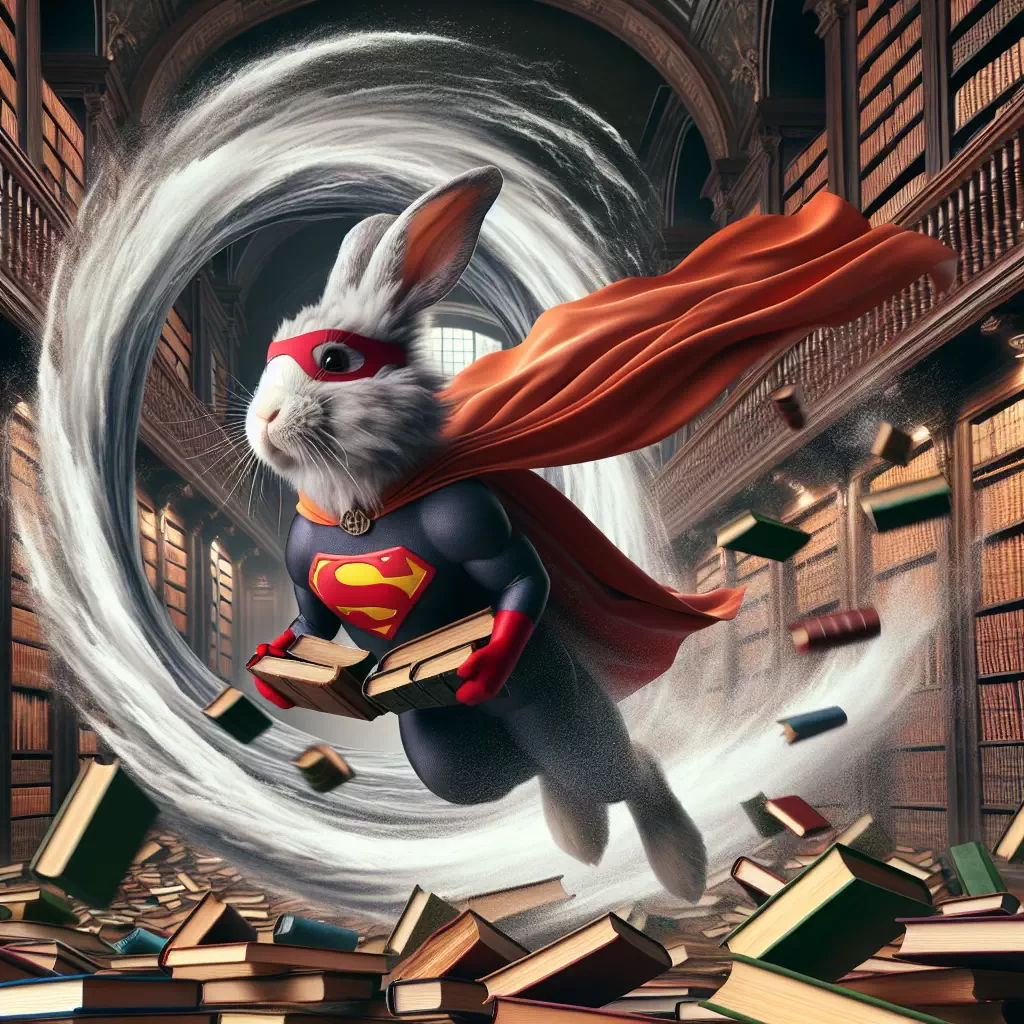 Заяц в костюме супергероя, спасающий книги от водоворота в библиотеке.