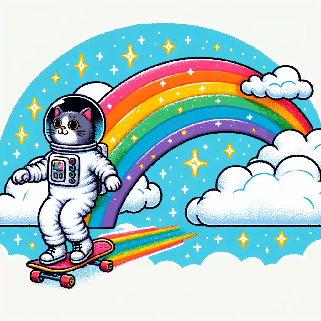Космический кот на скейтборде, скользящий по радуге между облаками.