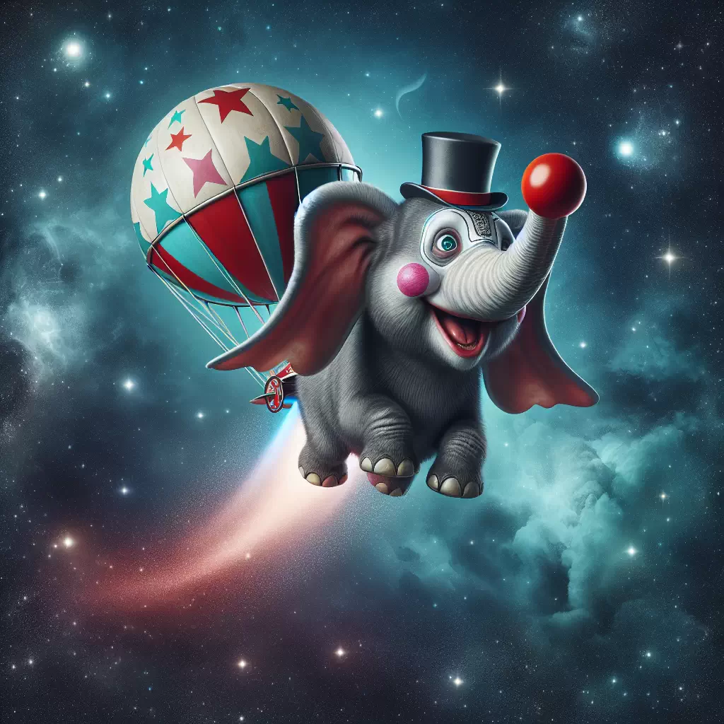 Летающий слон в космосе, носящий клоунский нос и цирковую шапочку.