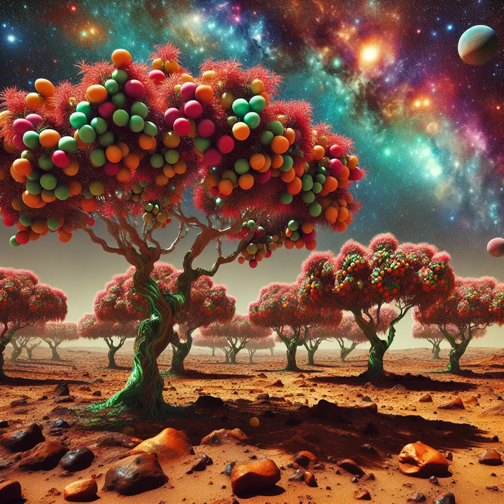 Марсианский пейзаж с деревьями, усыпанными яркими инопланетными плодами.
