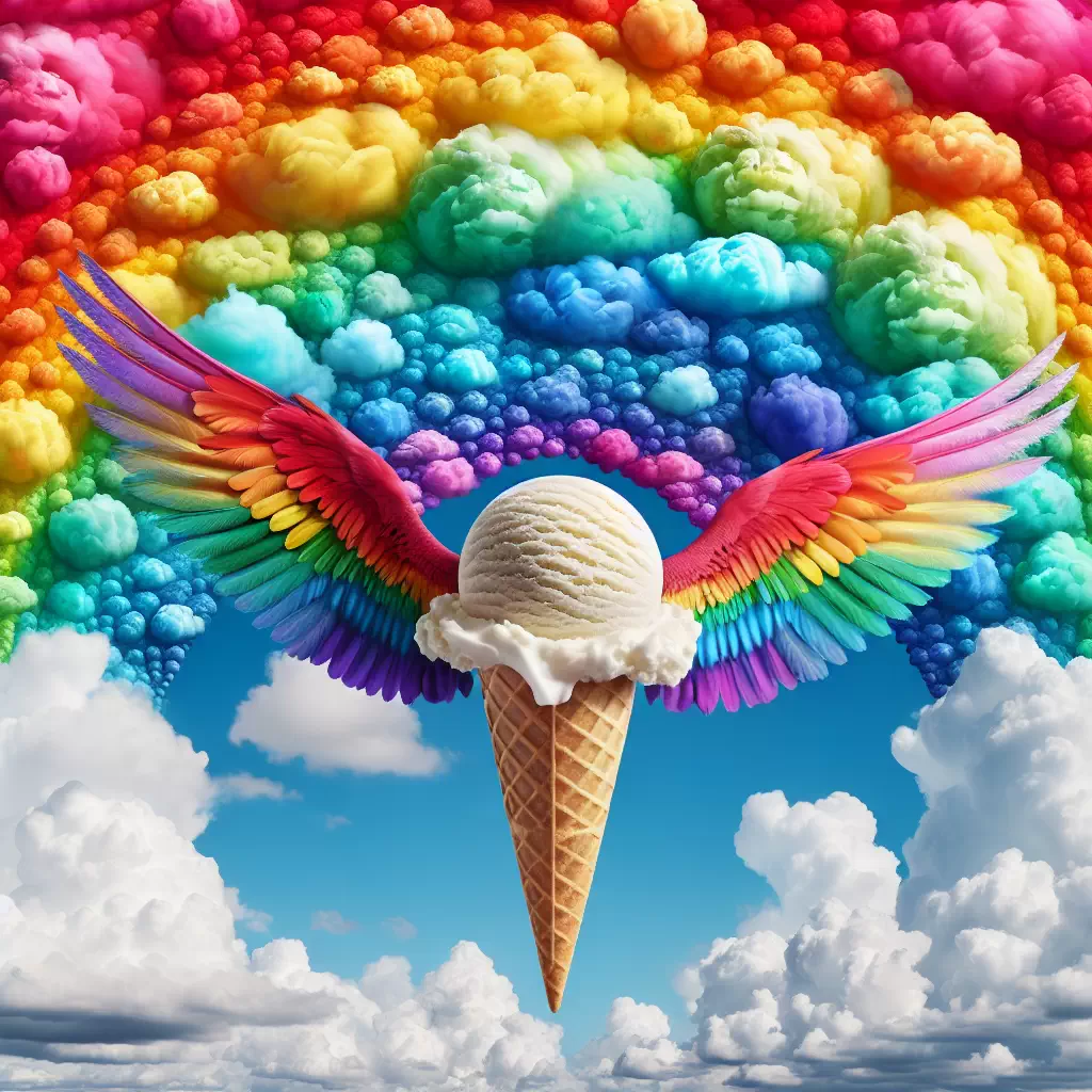 Мороженое с крыльями, летящее мимо радужных облаков.