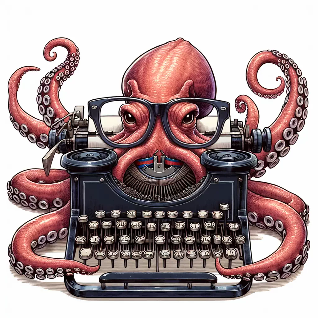 Октопус в очках, играющий на винтажной пишущей машинке.