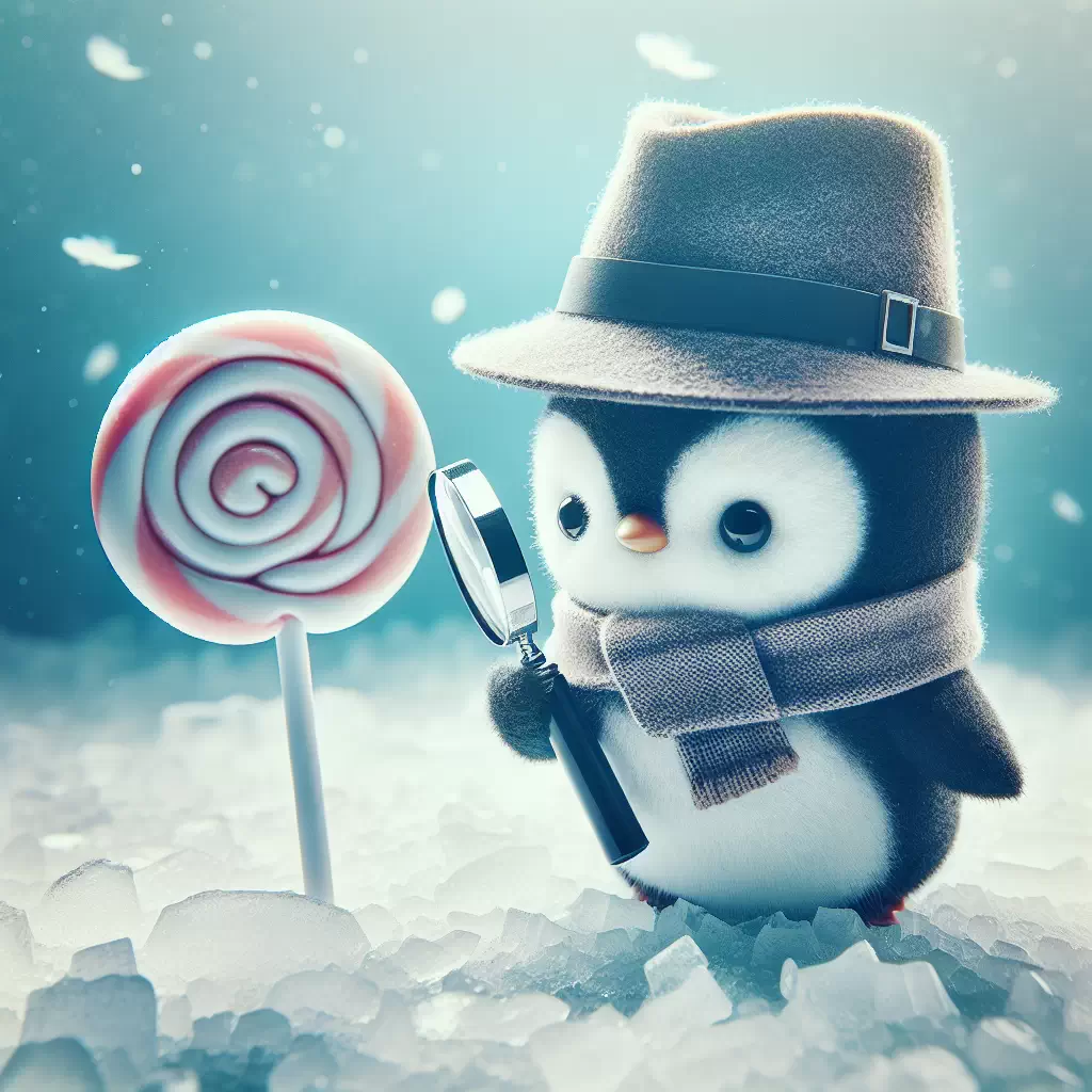 Пингвин-детектив в шляпе федоре, расследующий тайну пропавшего леденца.