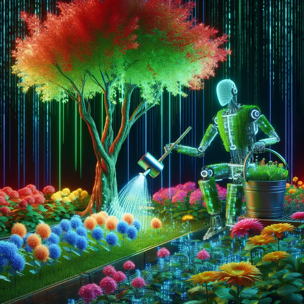Робот-садовник, который ухаживает за цветущим цифровым садом.