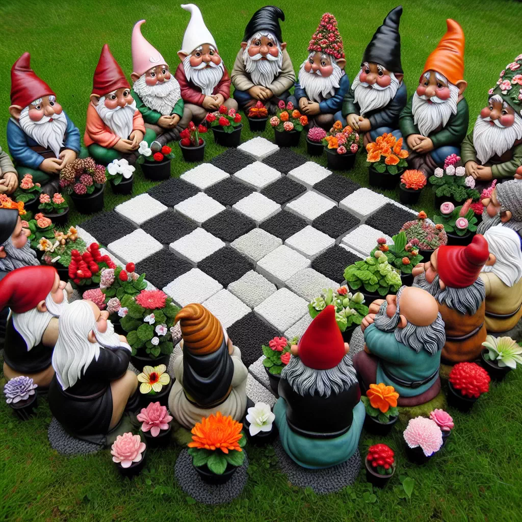 Садовые гномы, играющие в шахматы с фигурами из цветов на газоне.