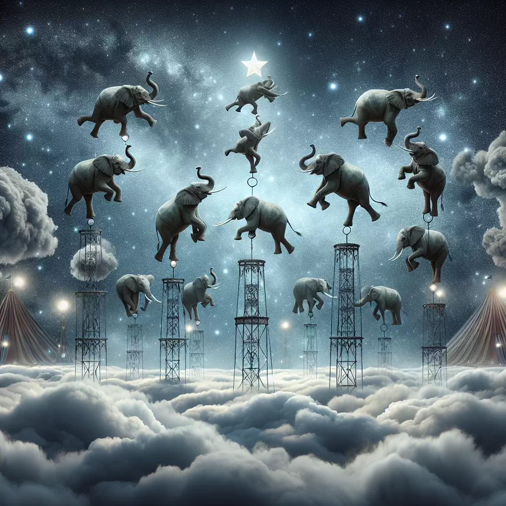 Слоны-акробаты, выступающие в цирковом шоу на облаках, среди звёздного неба.