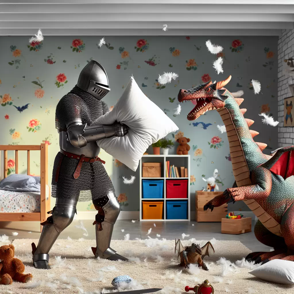Средневековый рыцарь на битве подушек с драконом в детской комнате.