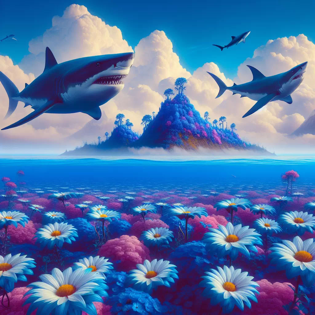 Сурреалистический пейзаж с плавающими в небе рыбами-акулами и цветочными островами.