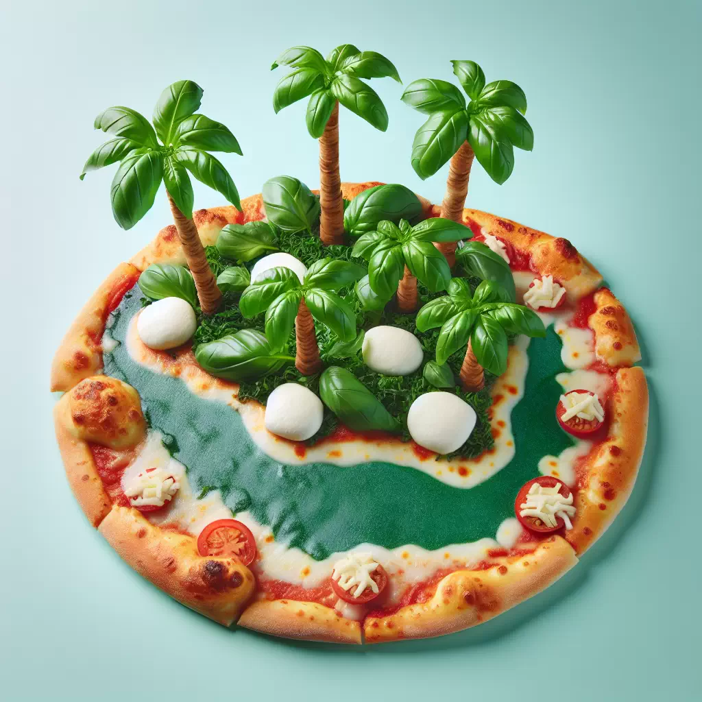 Тропический остров в форме пиццы с пальмами из базилика и моцареллы.
