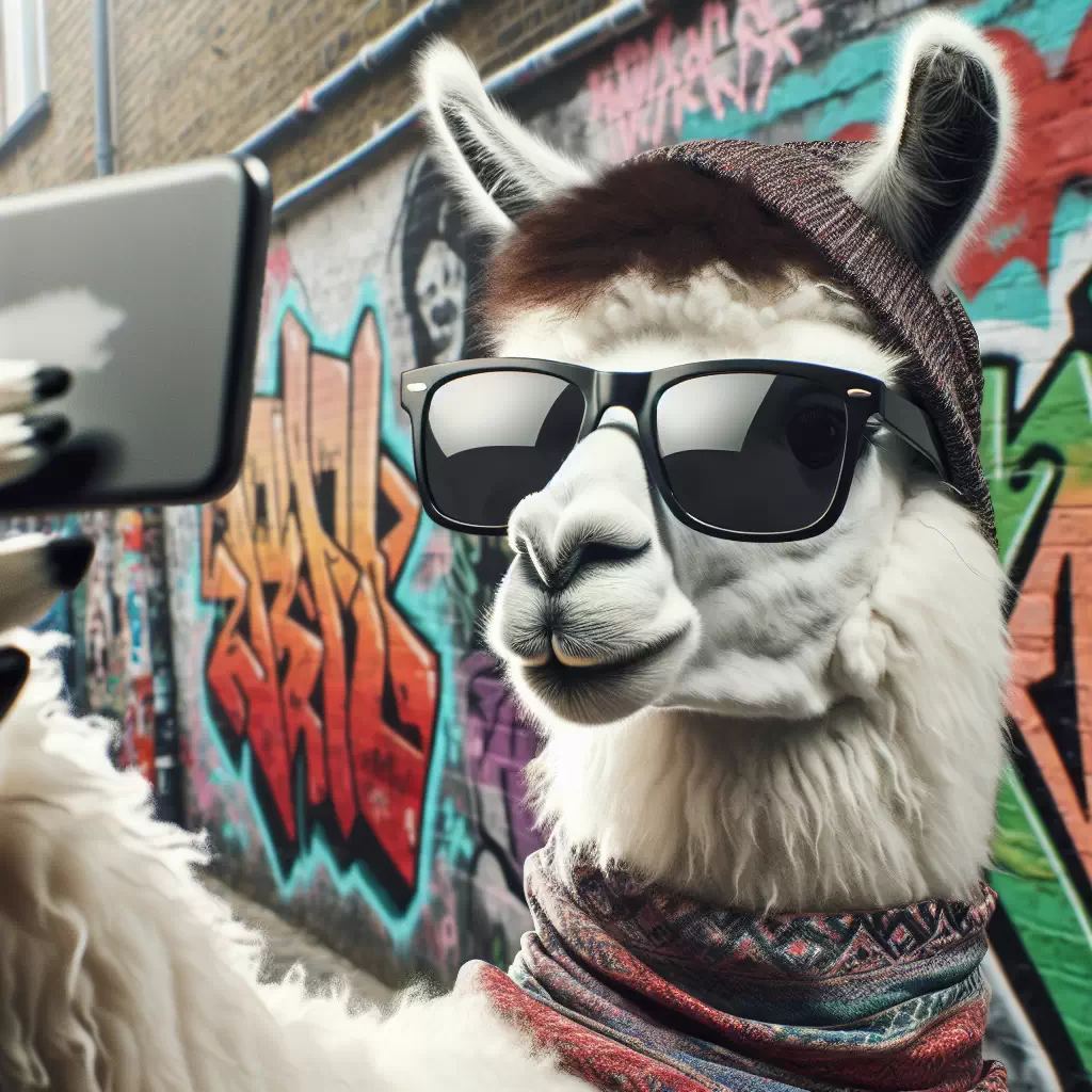Хипстер-лама в солнцезащитных очках, делающая селфи у граффити стены.